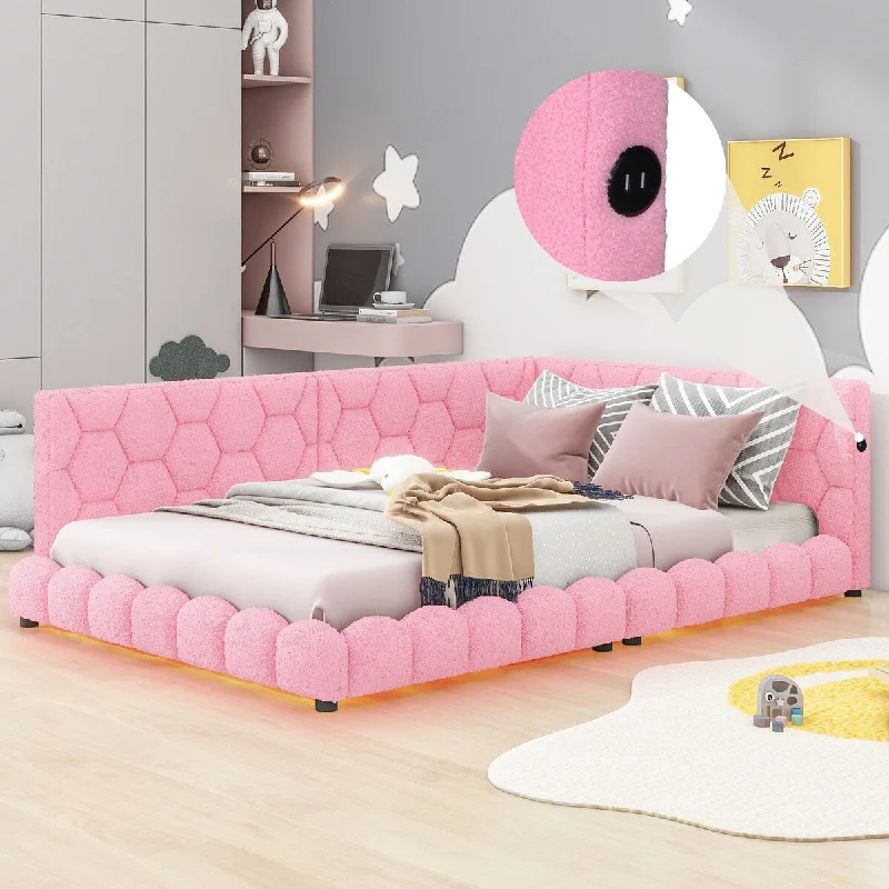 Pink Full SizeUpholstered Platform Bed with LED Lighting and USB Ports