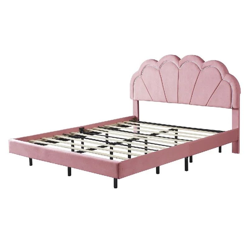 Pink Queen Size Platform Bed with LED and Floral Headboard