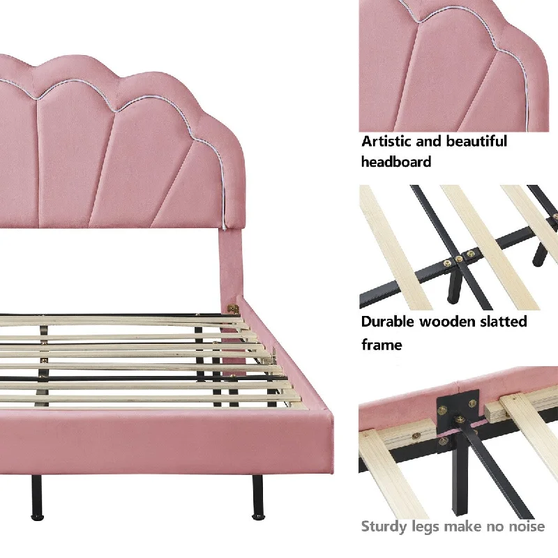 Pink Queen Size Platform Bed with Smart LED Lights for Ambiance