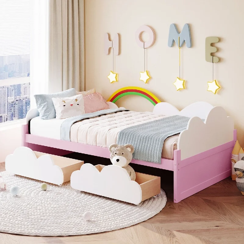 Pink Twin Size Plywood Bed with Clouds and Rainbow Decor