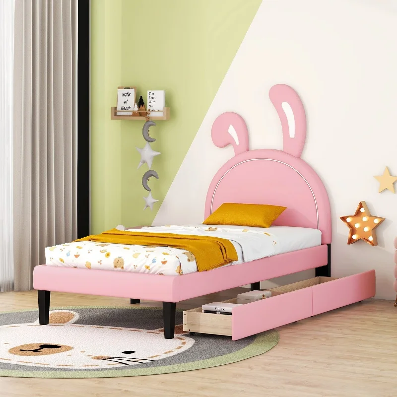 Pink Twin Size/ Upholstered Platform Bed with Rabbit Headboard