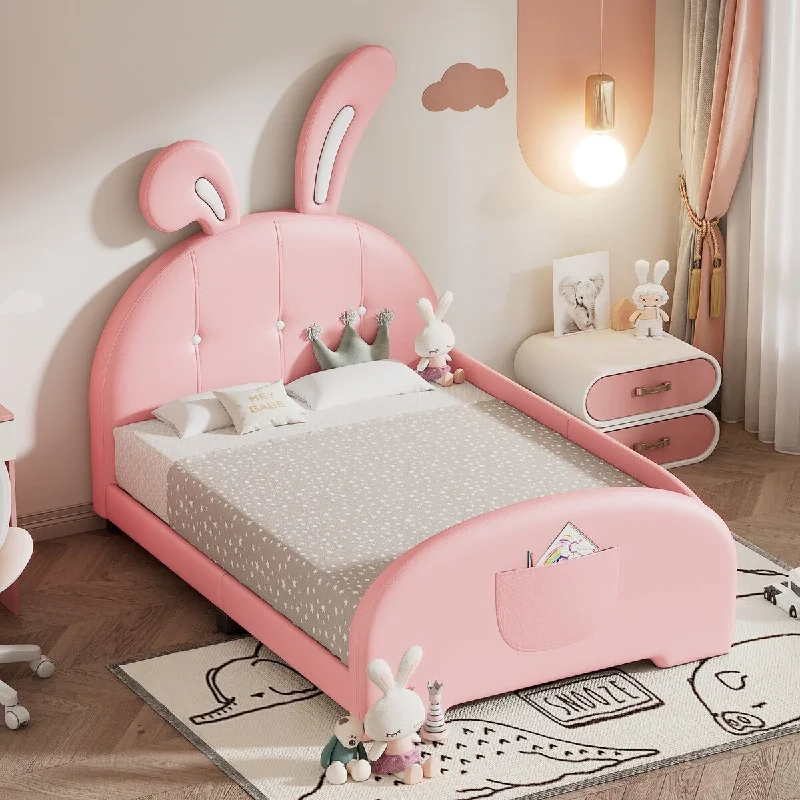 Pink Twin SizePink Upholstered Bed with Adorable Rabbit Headboard