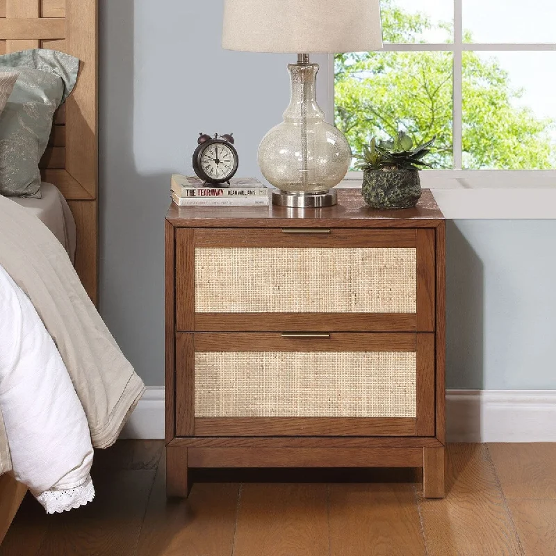 Rattan Nightstand, Boho Bedside Table, Wood End Table with 2 Hand Made Rattan Decorated Drawers, Storage Cabinet for Living Room