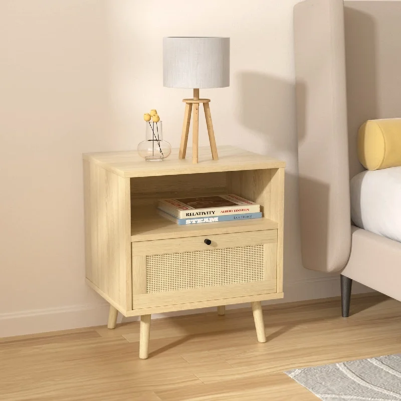 Rattan Nightstand, End Side Table with Storage Drawer and Solid Wood Legs, Boho Nightstand for Living Room and Bedroom