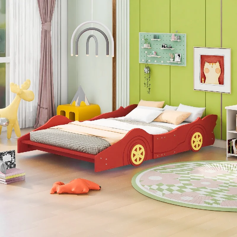 Red Full Size Plywood Race Car-Shaped Platform Bed with Wheels