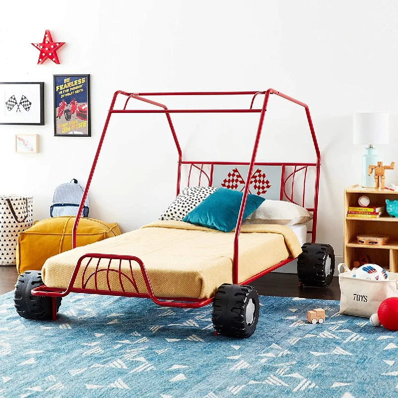 Red Twin Size Car Model Bed with Fun Wheels for Imaginative Play