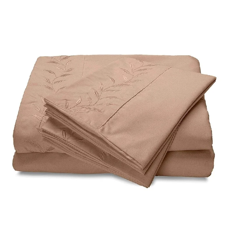 Reversifi Embroidered Bed Sheets Set Soft Brushed Microfiber King, Amphora/Taupe