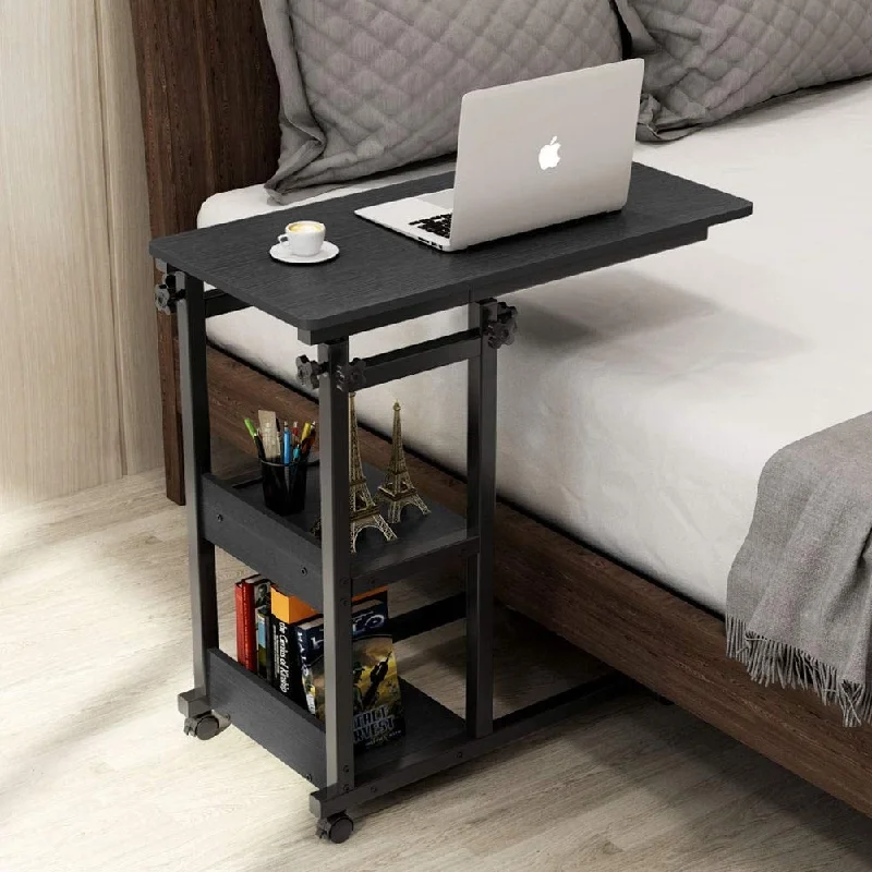 Snack Side Table, Mobile End Table Height Adjustable Bedside Table Laptop Rolling Cart C Shaped TV Tray with Storage Shelves