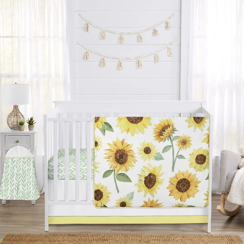 Sweet Jojo Designs Yellow Green and White Boho Floral Sunflower Girl 4-pc Nursery Crib Bedding Set - Farmhouse Watercolor Flower