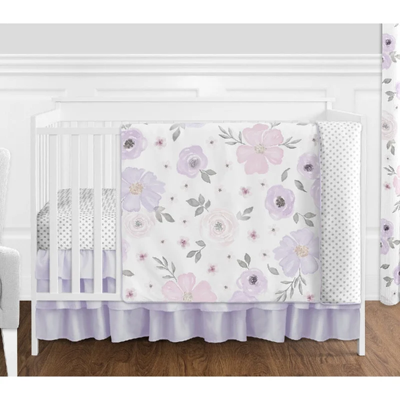 Sweet Jojo Watercolor Floral Lavender Shabby Chic 4-piece Nursery Crib Bedding Set