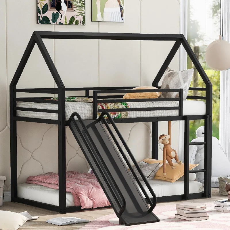 Timeless Desig Twin over Twin Kids Bed Metal House Bunk Bed with Ladder and Slide, Black