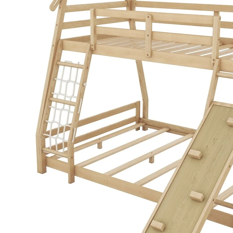 Twin over Queen House Bunk Bed with Guardrails, Climbing Nets and Ramp