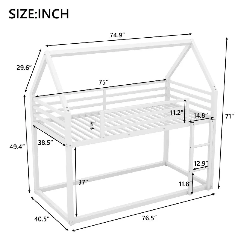 Twin over Twin House Bunk Bed with Built-in Ladder, White