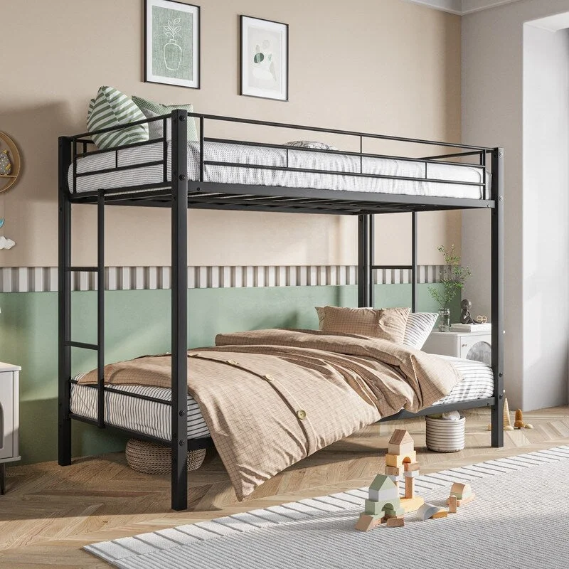 Twin Over Twin Metal Bunk Bed, Heavy Duty Twin Bunk Beds with shelf and Slatted Support No Box Spring Needed Black