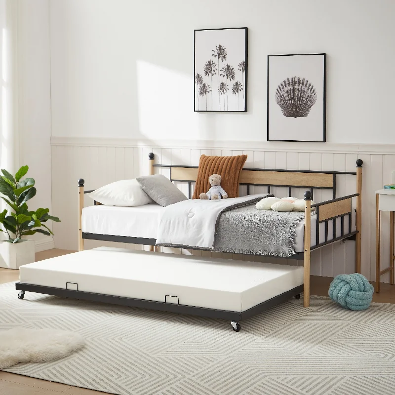 Twin Size Black Metal and Natural Solid Wood Daybed with Trundle