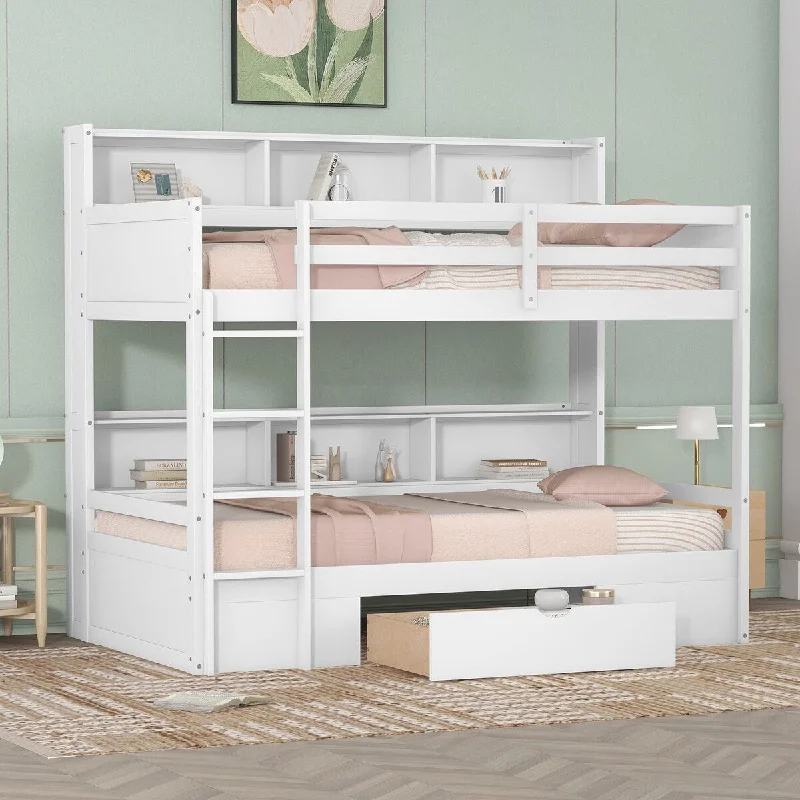 Twin Size Bunk Bed with Built-in Shelves, Storage Drawer, and Sturdy Frame - Multifunctional Design