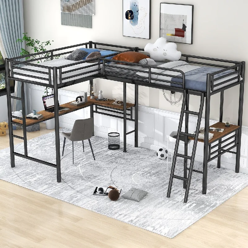 Twin Size Metal L-Shaped Loft Bed with Two Built-In Desks