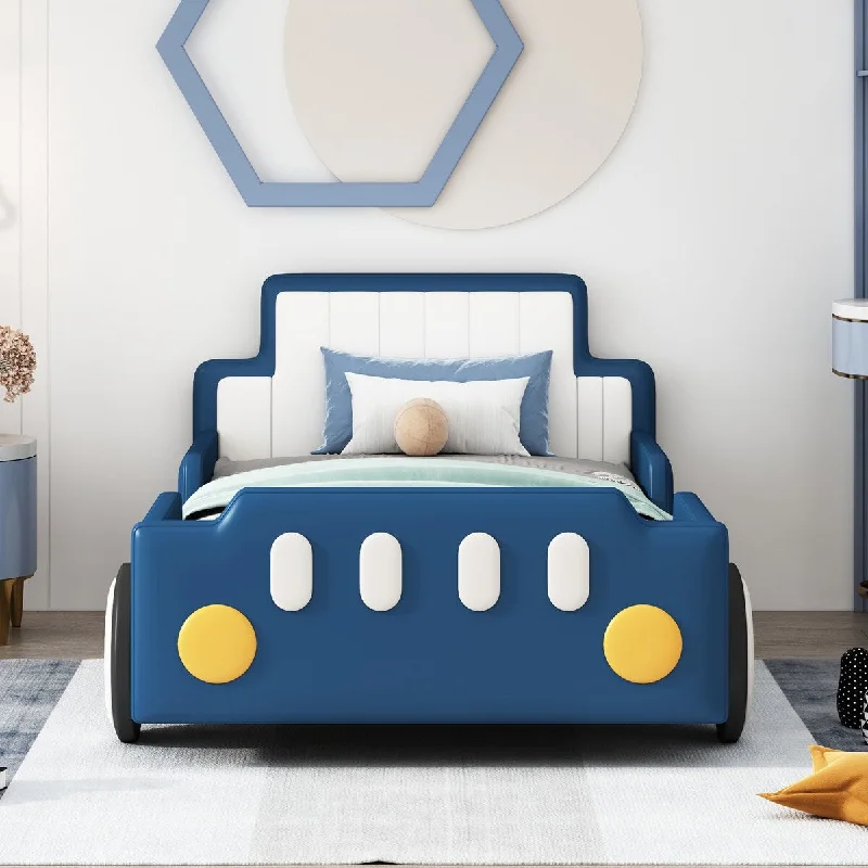 Twin Size Race Car-Shaped Kids Bed Platform Bed with Wheels,Blue