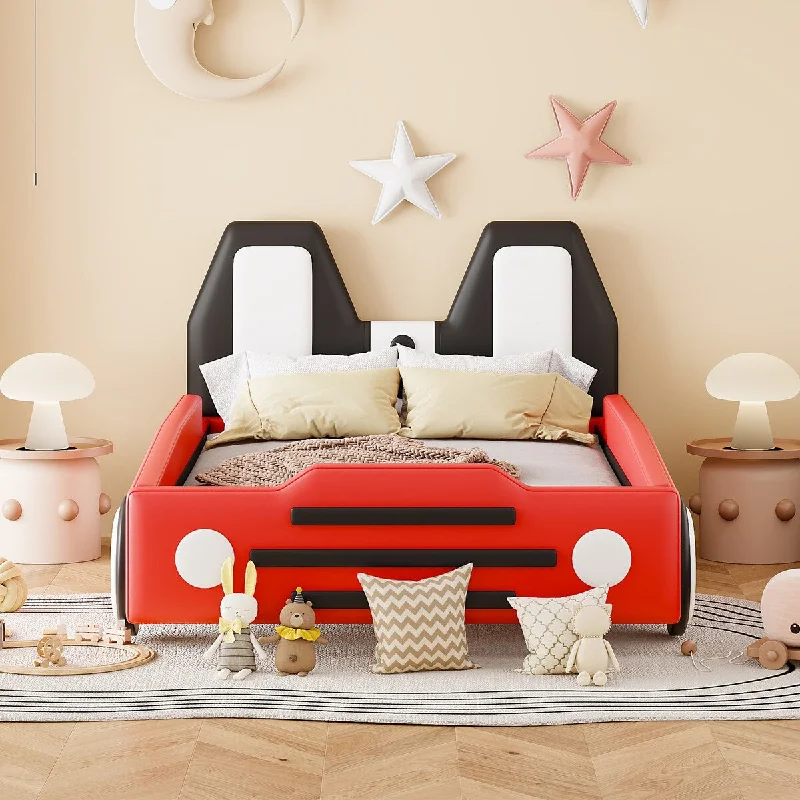 Unique design Wooden Twin Size Race Car-Shaped Kids Bed Platform Bed with Wheels, Red