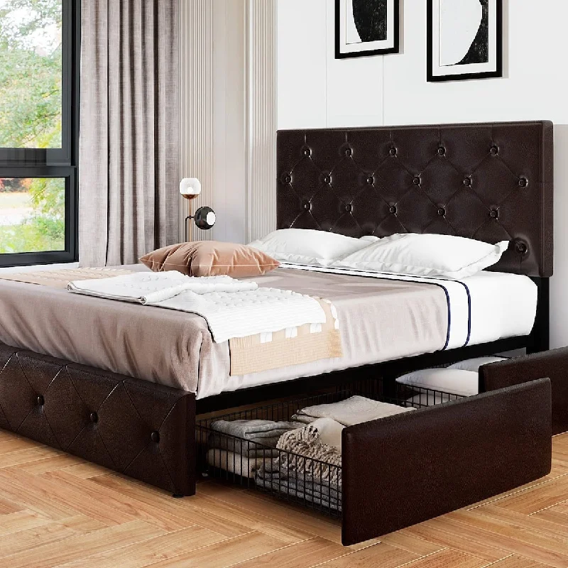 Upholstered Queen Platform Bed Frame with 4 Storage Drawers & Headboard, Diamond Stitched Button Tufted, w/ Wooden Slats Support