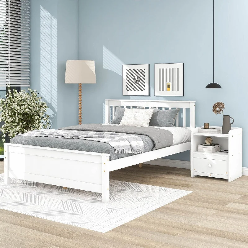 White Full Size Platform Bed with Slatted Headboard, Footboard, and Nightstand - Elegant Solution for Kids, Teens, and Adults