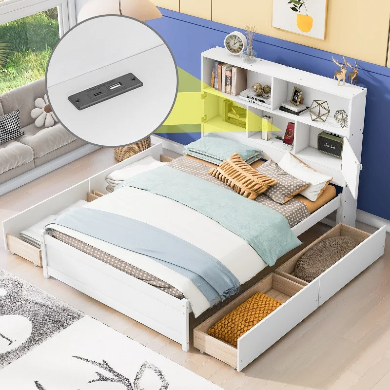 White Full Size Platform Bed with Storage Headboard, Charging Station, 4 Drawers - Large Storage