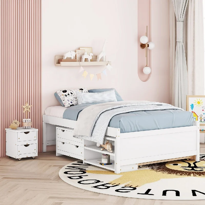 White Full Size Platform Bed with Trundle, Storage Box, and Nightstand