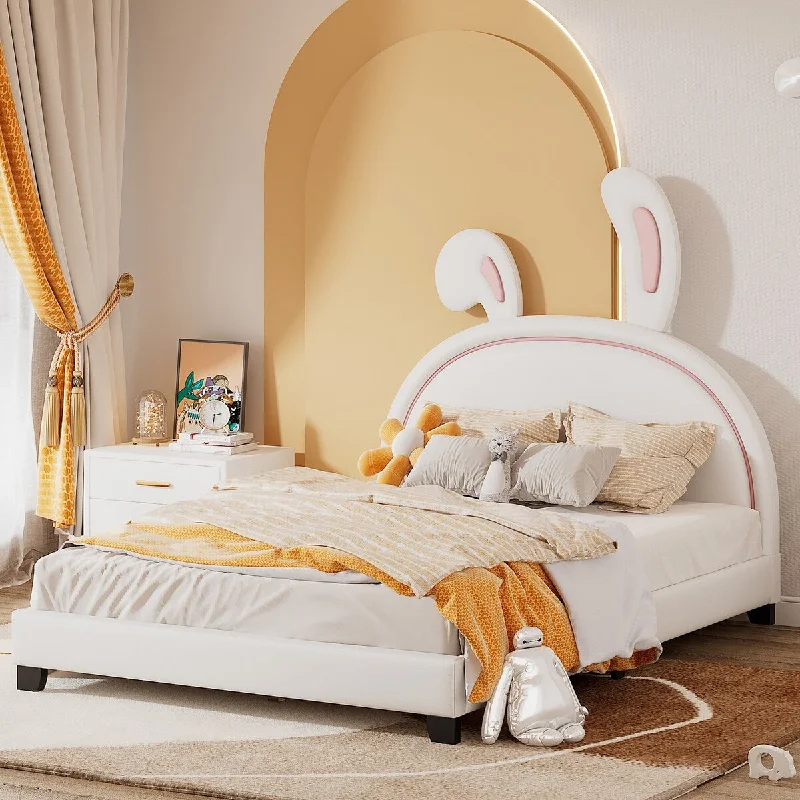 White Full Size Upholstered Leather Platform Bed with Rabbit Ornament, Featuring High Load Capacity and Solid Construction