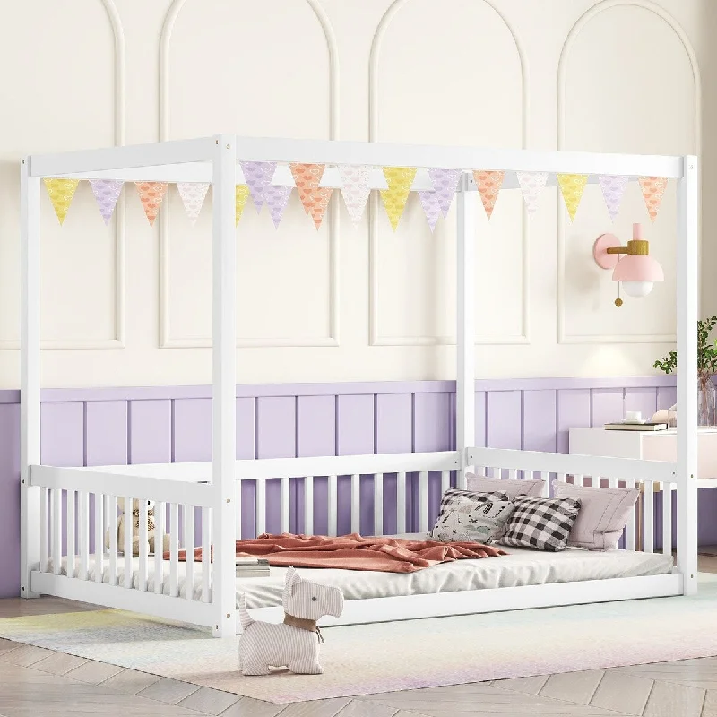 White Full Size Wood Canopy Bed with Guardrails