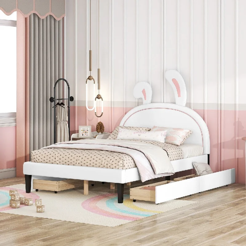 White Full SizeUpholstered / Platform Bed with Rabbit Headboard