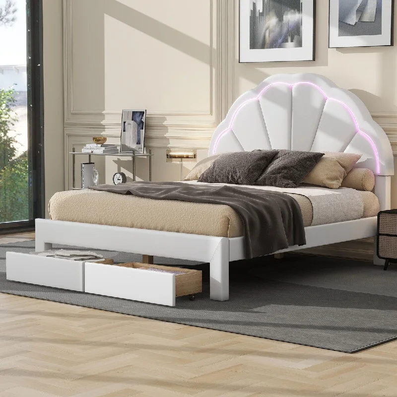 White Queen Size LED Upholstered Platform Bed with Seashell Shaped Headboard, 2 Drawers - Chic Design