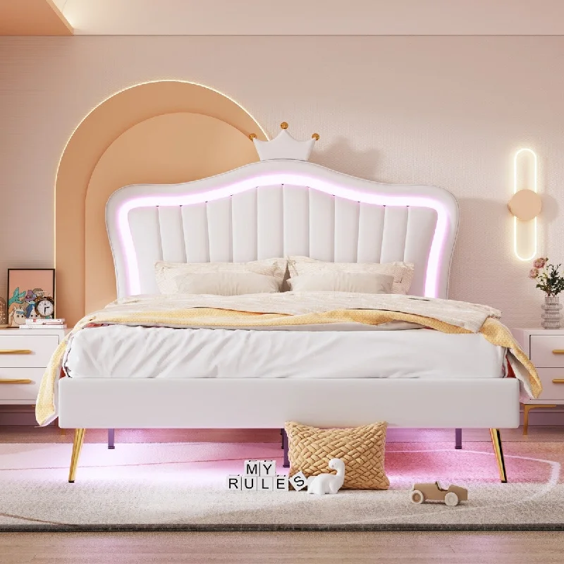 White Queen SizeUpholstered Bed Frame with LED Lighting