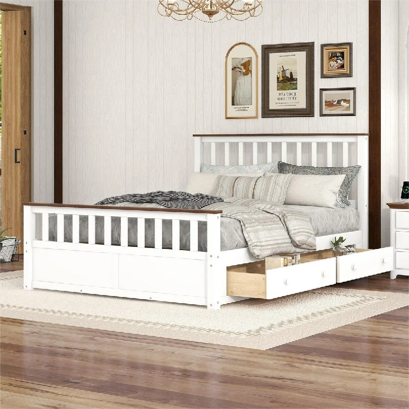 White Queen Wood Platform Bed with Drawers