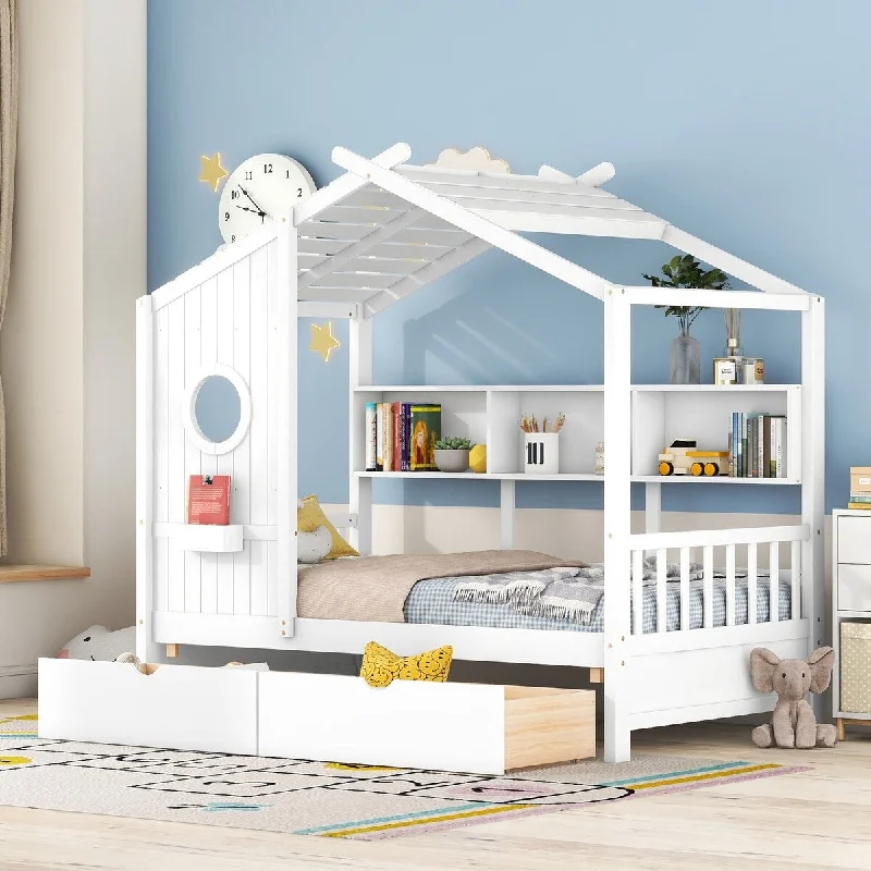 White Twin Size House Bed with Roof, 2 Drawers, and Storage Shelf - Playful Design for Kids' Bedroom