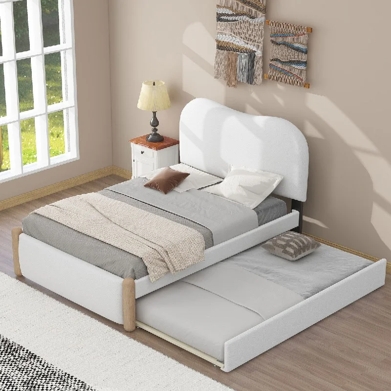 White Twin Size Upholstered Platform Bed with Practical Trundle for Additional Sleeping Space