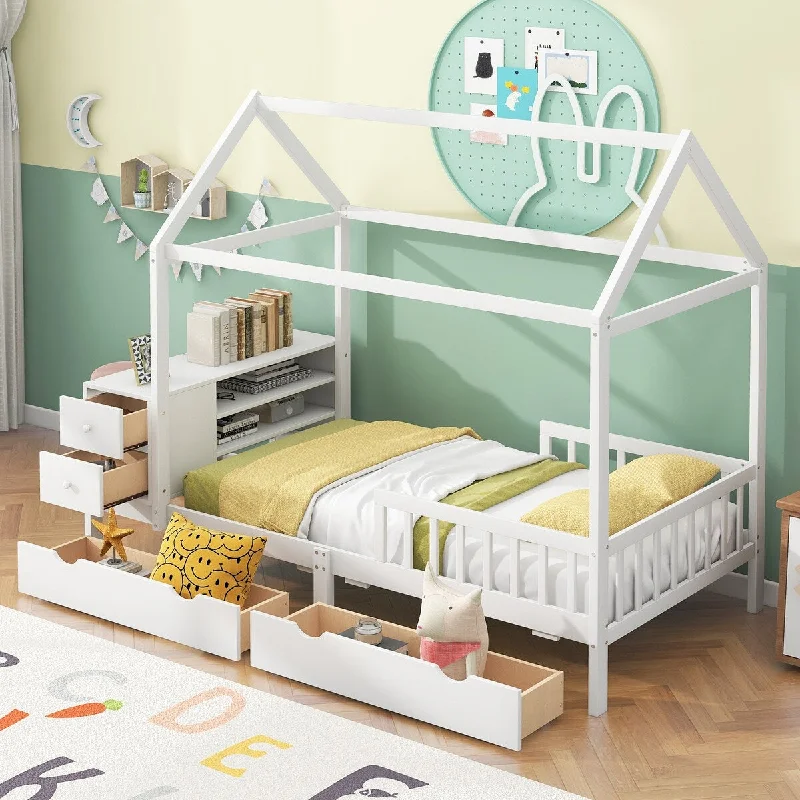 White Twin SizeCharming House Bed with Protective Fence, Storage Drawers, Shelves, and Integrated Desk