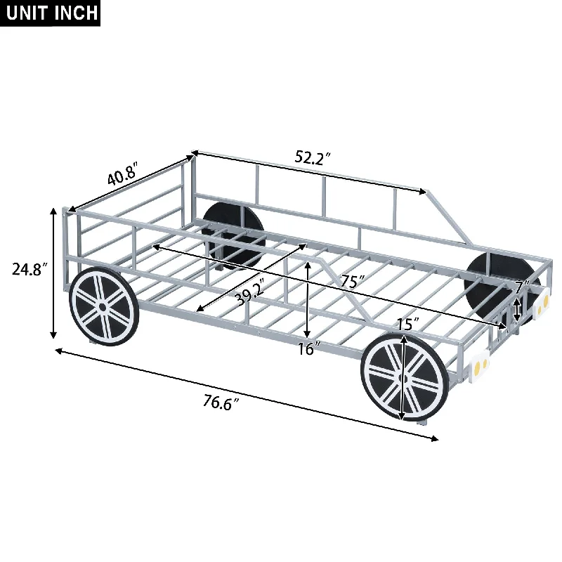 White Twin SizeMetal Car Bed with Wheels and Decorative Headlights for Fun Bedroom Decor