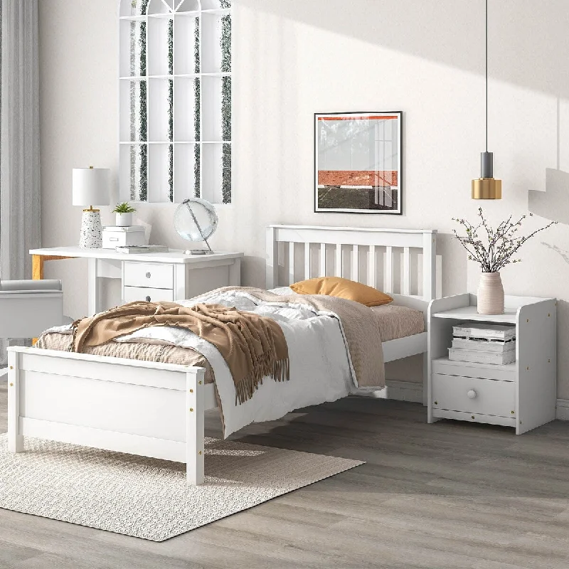 White Twin SizeModern Bed with Integrated Nightstand, No Box Spring Needed