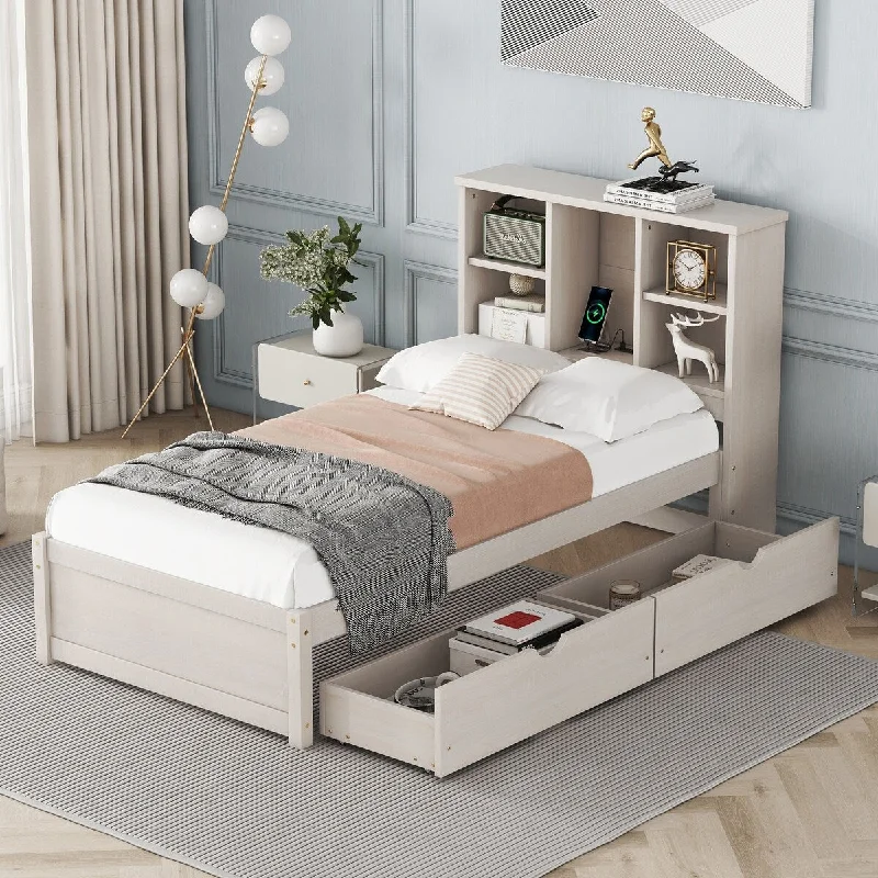 White Twin SizeModern Platform Bed Frame with USB Port, Bookcase Headboard, and Drawers