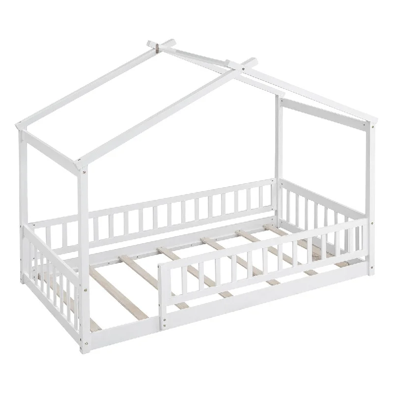 White Twin SizePlayhouse Bed Frame with Fence - Fun and Functional Design