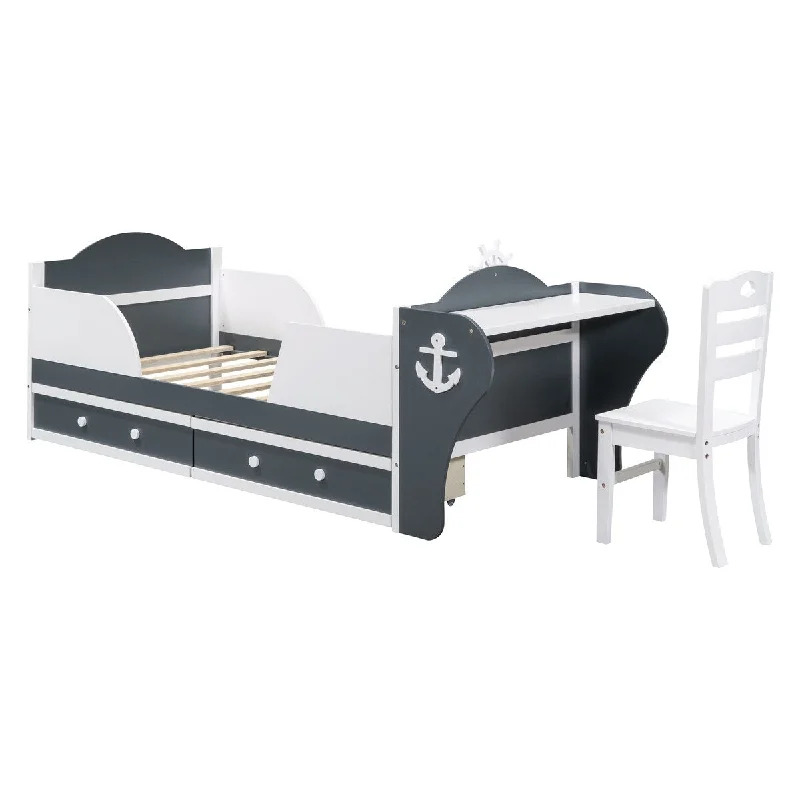 White Twin SizeWood Boat-Shaped Platform Bed with 2 Drawers, Desk and Chair