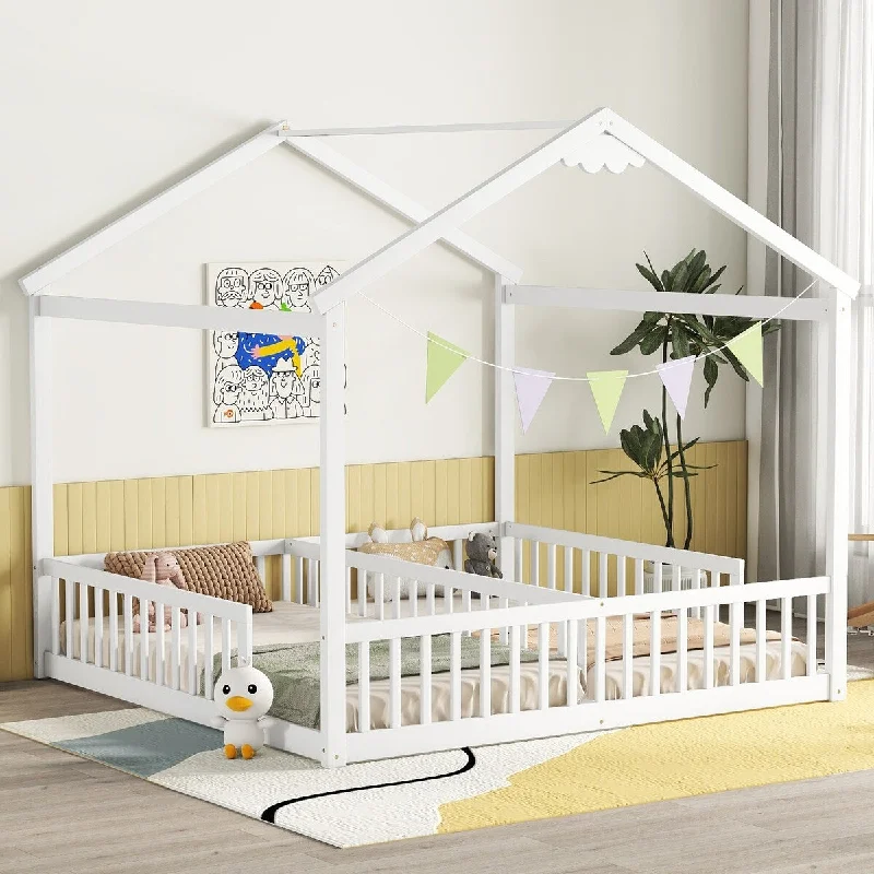 White Twin SizeWood Double House Floor Bed with Fence and Guardrails, Doorless