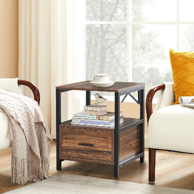 Wood Nightstand, Bedside Tables with Storage Area Drawer End Table and Furniture Metal Storage Shelf