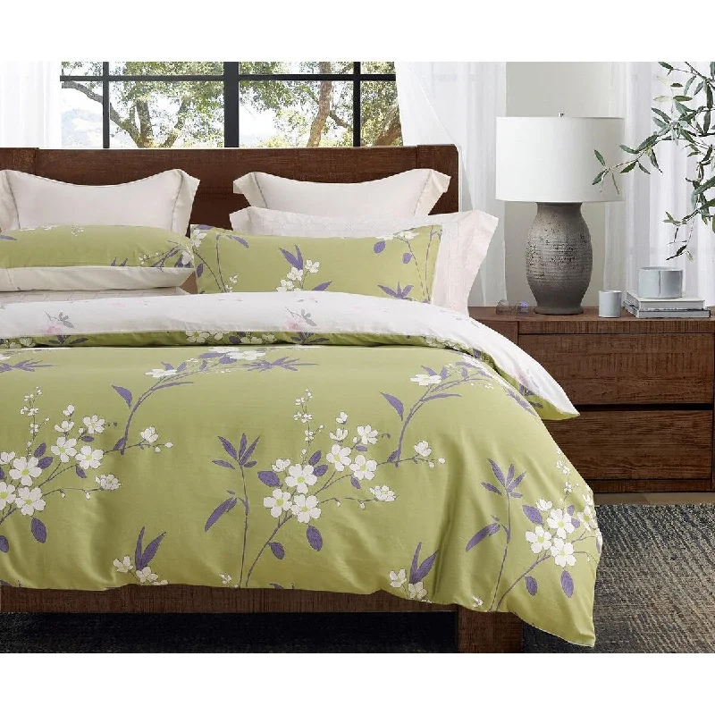 Duvet Cover Set, White and Purple Flowers Reversible Comforter Cover, with Button Closure