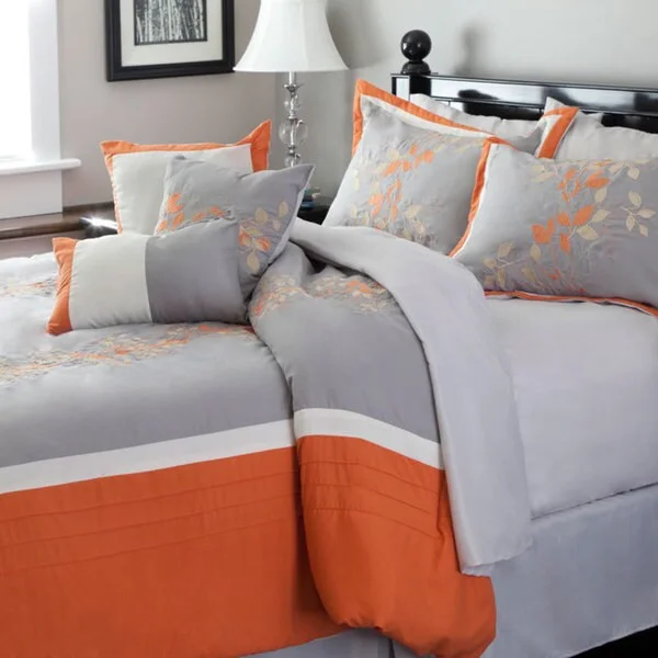 Windsor Home Gray and Orange Embroidered 7-piece Comforter Set