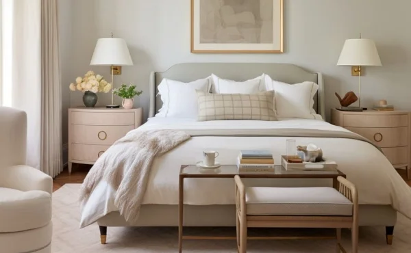 Modern and simple bedroom furniture and bedding, creating a comfortable and warm resting space